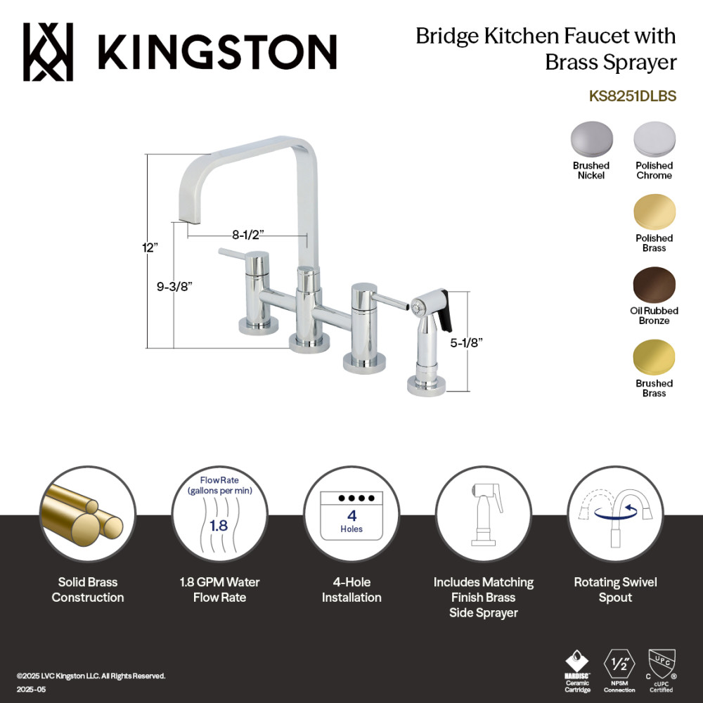 Picture of Kingston Brass KS8252DLBS 8 x 8.5 x 12 in. Concord Bridge Kitchen Faucet with Brass Side Sprayer - Polished Brass