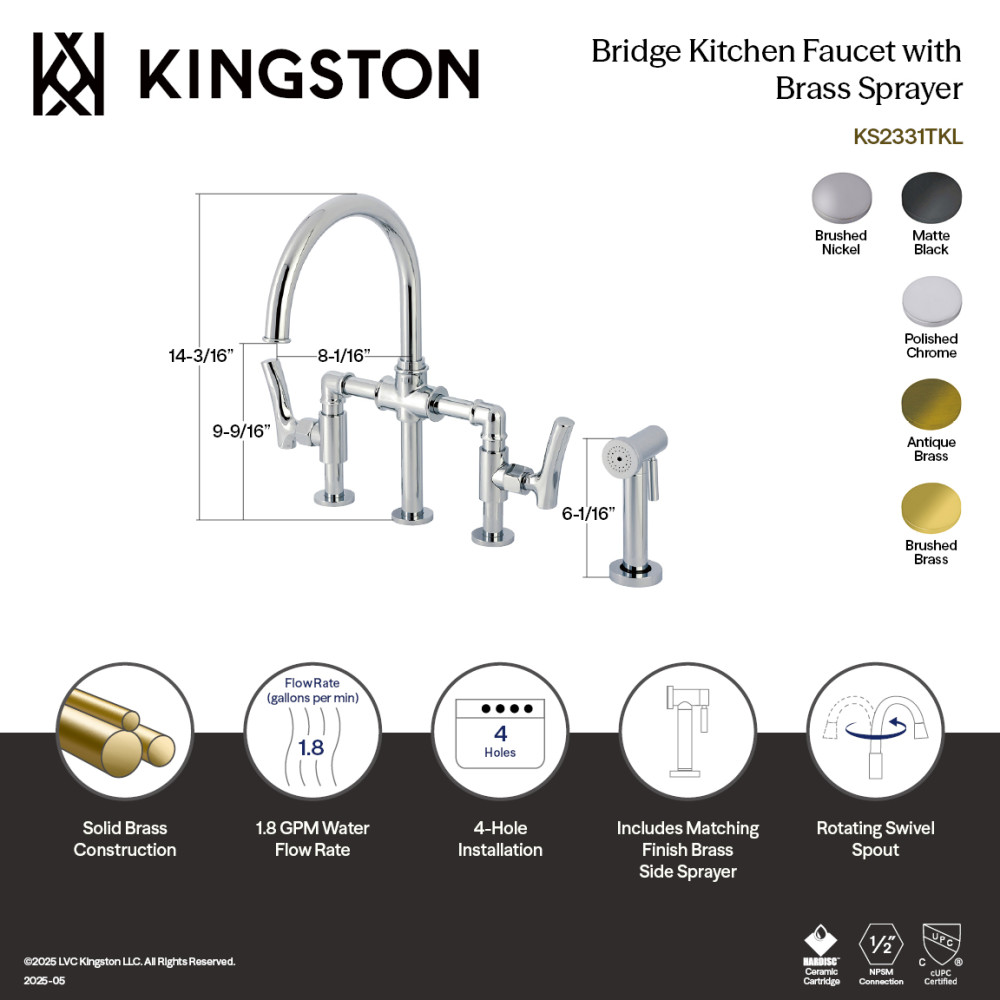 Picture of Kingston Brass KS2331TKL Hallerbos Bridge Kitchen Faucet with Brass Side Sprayer - Polished Chrome