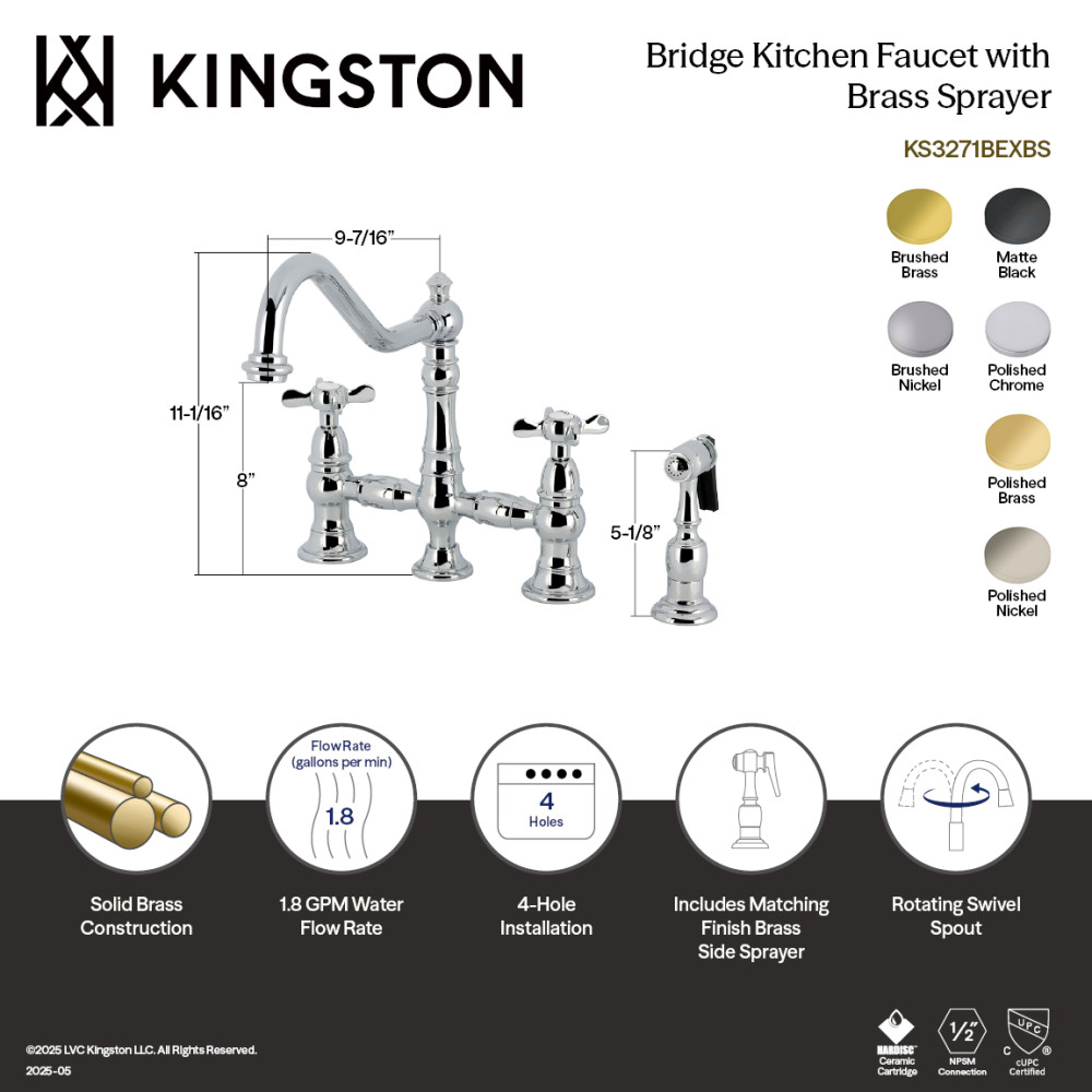 Picture of Kingston Brass KS3271BEXBS 8 x 9.43 x 11.06 in. Essex Bridge Kitchen Faucet with Brass Side Sprayer - Polished Chrome
