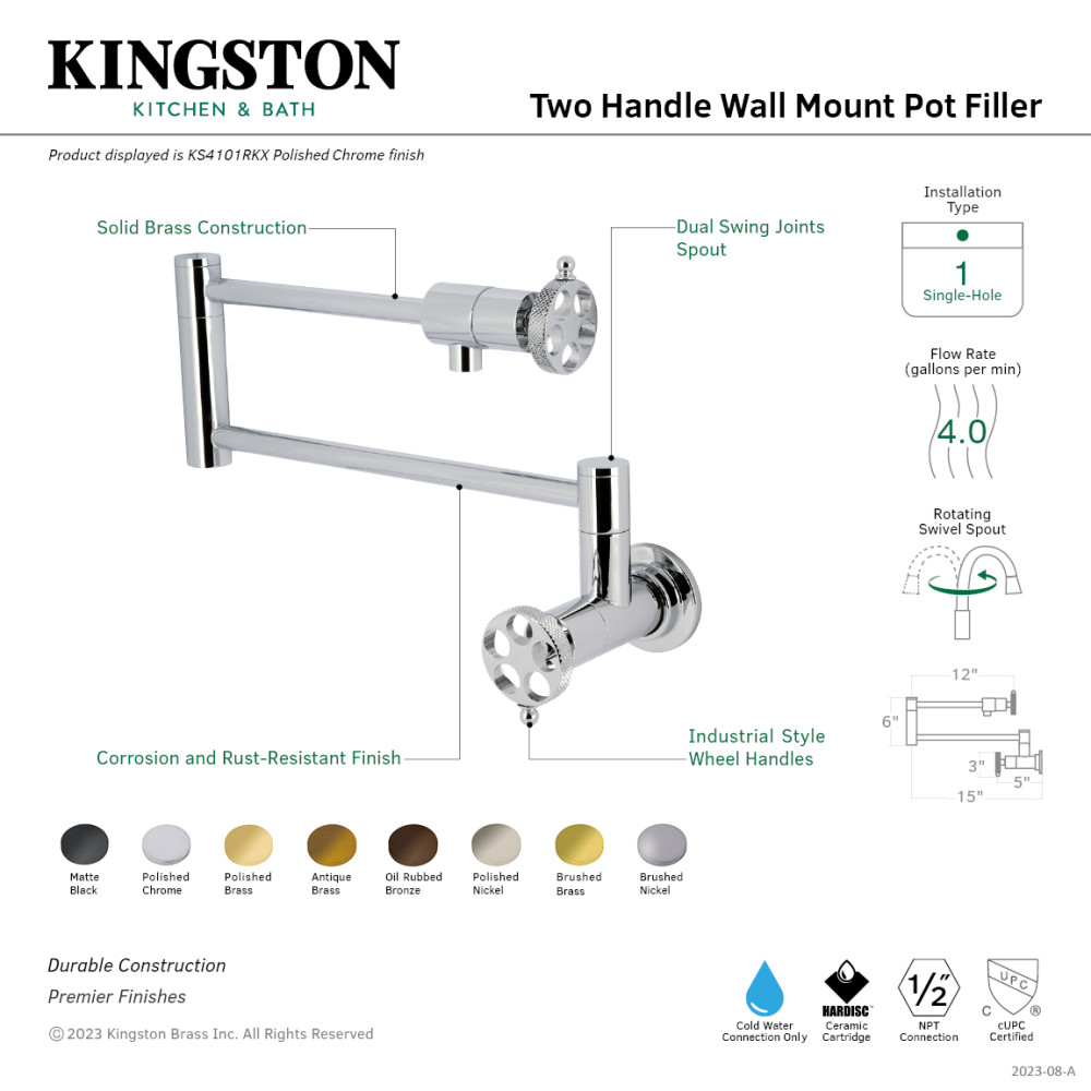 Picture of Kingston Brass KS4107RKX Maximum 23.68 in. Spout Reach Webb Wall Mount Pot Filler Faucet with Knurled Handle - Brushed Brass