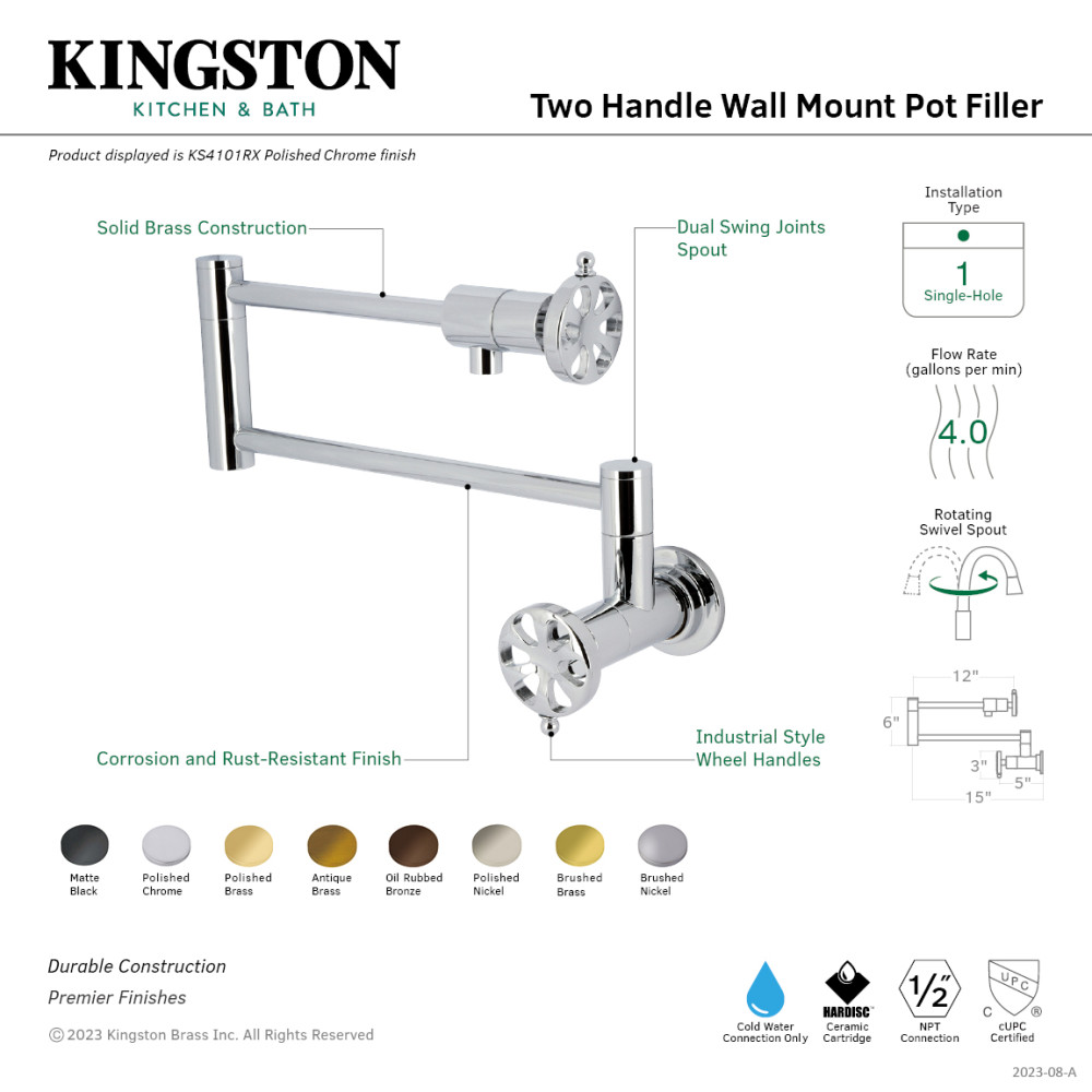 Picture of Kingston Brass KS4107RX Maximum 23.68 in. Spout Reach Belknap Wall Mount Pot Filler Faucet - Brushed Brass