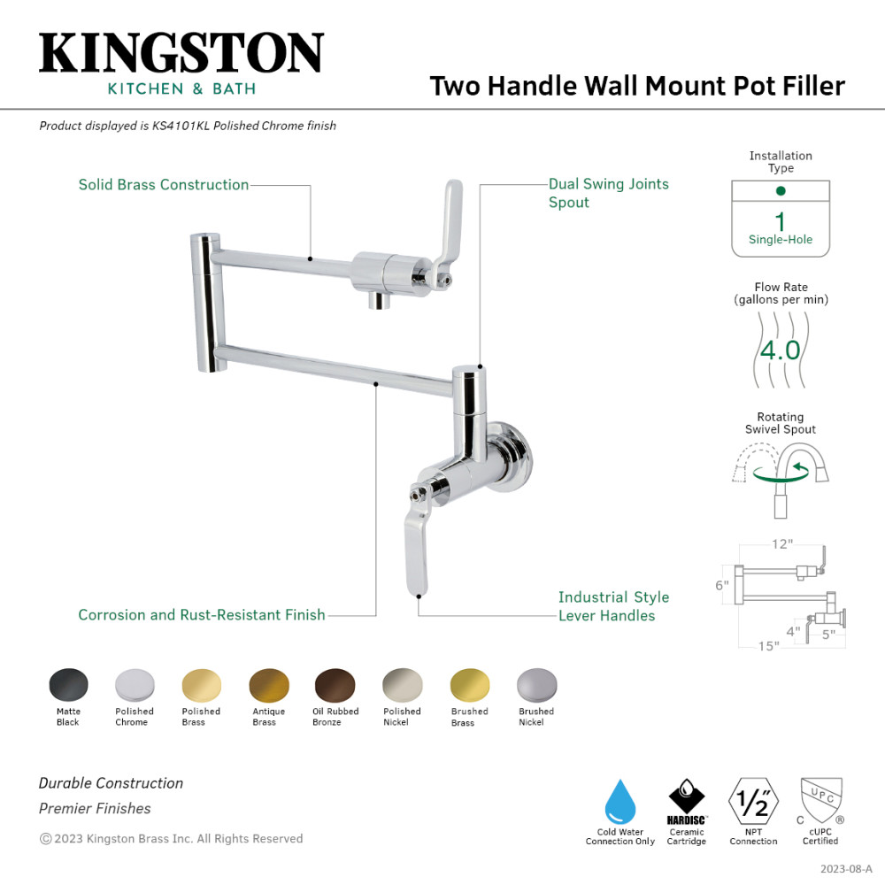 Picture of Kingston Brass KS4107KL Maximum 23.68 in. Spout Reach Whitaker Wall Mount Pot Filler Faucet - Brushed Brass