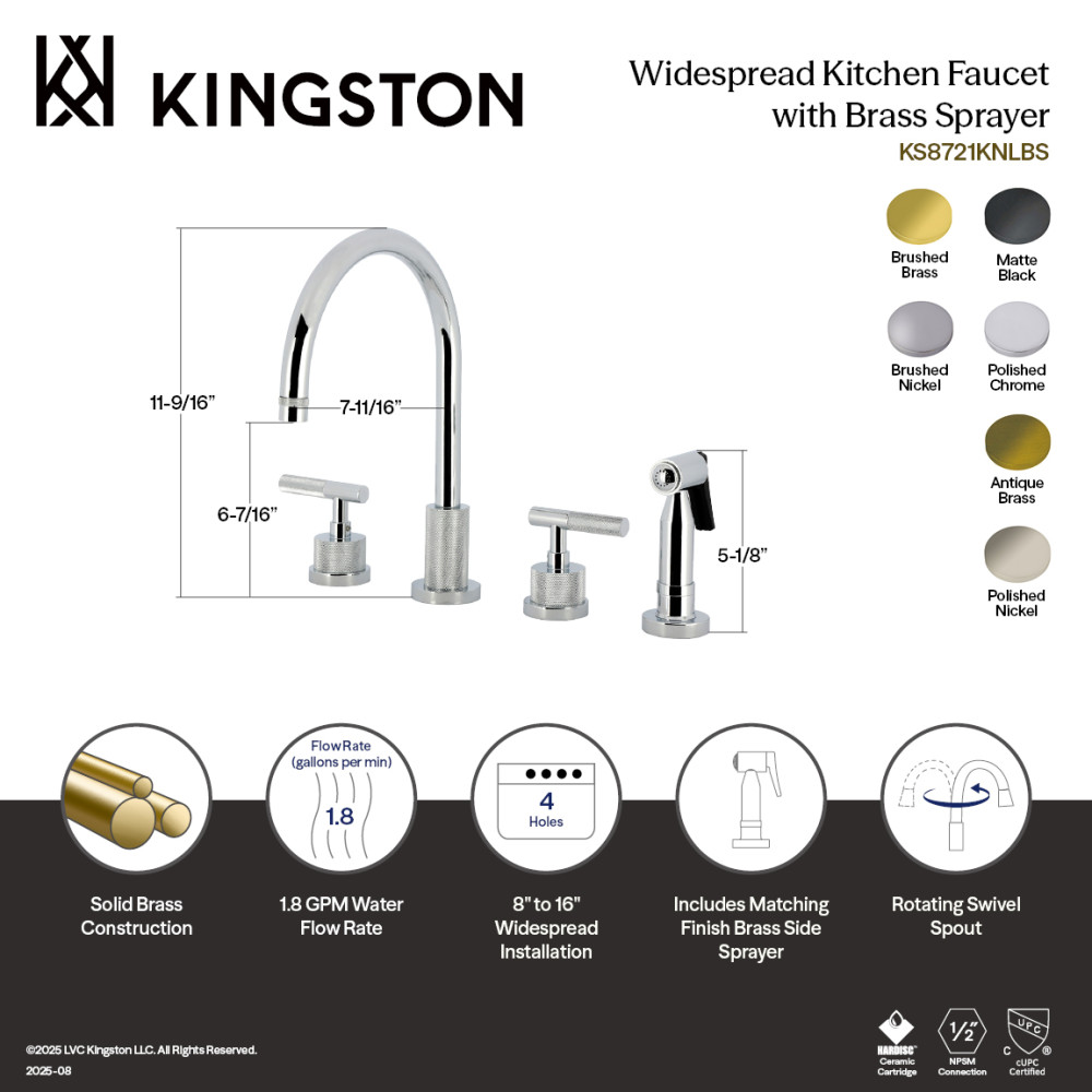 Picture of Kingston Brass KS8728KNLBS Convergent Double-Handle Widespread Kitchen Faucet with Knurled Handle & Brass Sprayer - Brushed Nickel