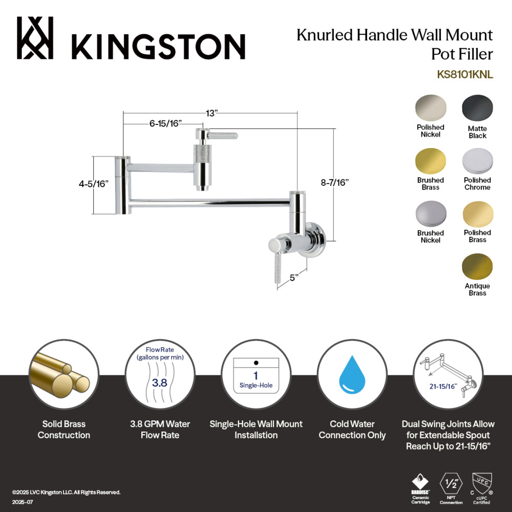 Picture of Kingston Brass KS8101KNL 13 x 2.62 x 9.75 in. Convergent Wall Mount Pot Filler Faucet with Knurled Handle - Polished Chrome