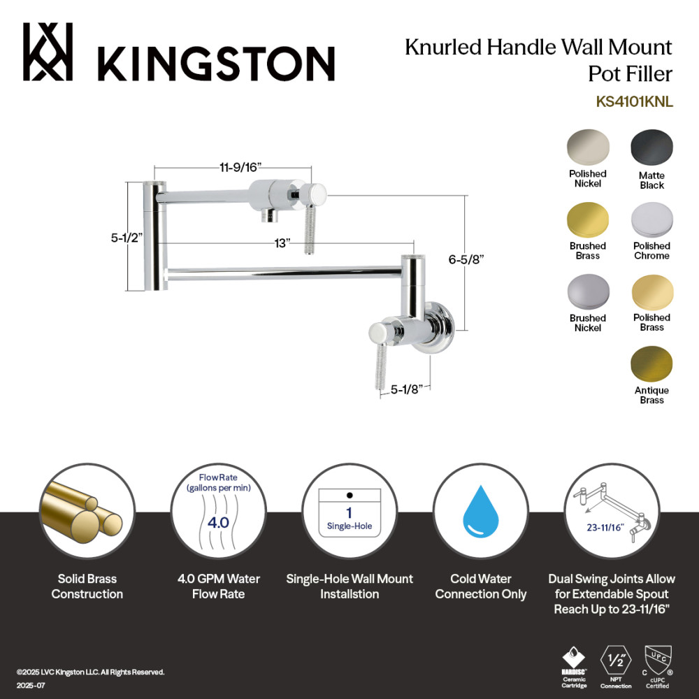 Picture of Kingston Brass KS4106KNL 13 x 2.62 x 7.93 in. Convergent Wall Mount Pot Filler Faucet with Knurled Handle - Polished Nickel