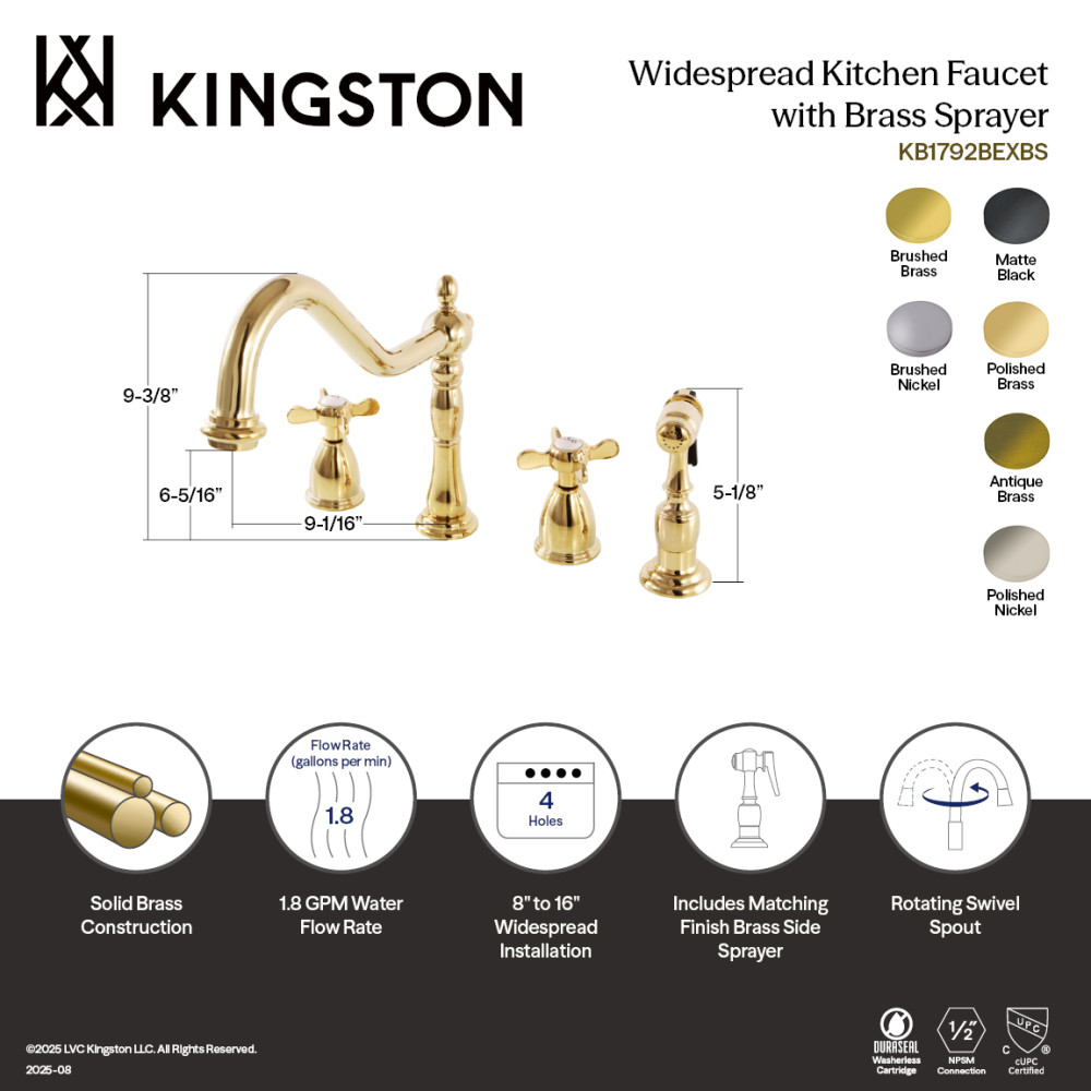 Picture of Kingston Brass KB1790BEXBS Essex Double-Handle Widespread Kitchen Faucet with Brass Sprayer - Matte Black
