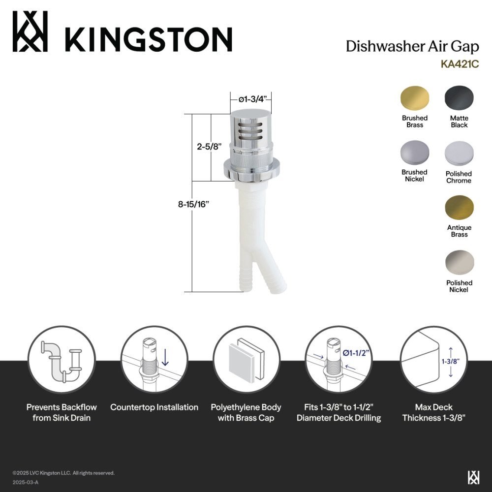 Picture of Kingston Brass KA421BB Trimscape Dishwasher Air Gap - Brushed Brass