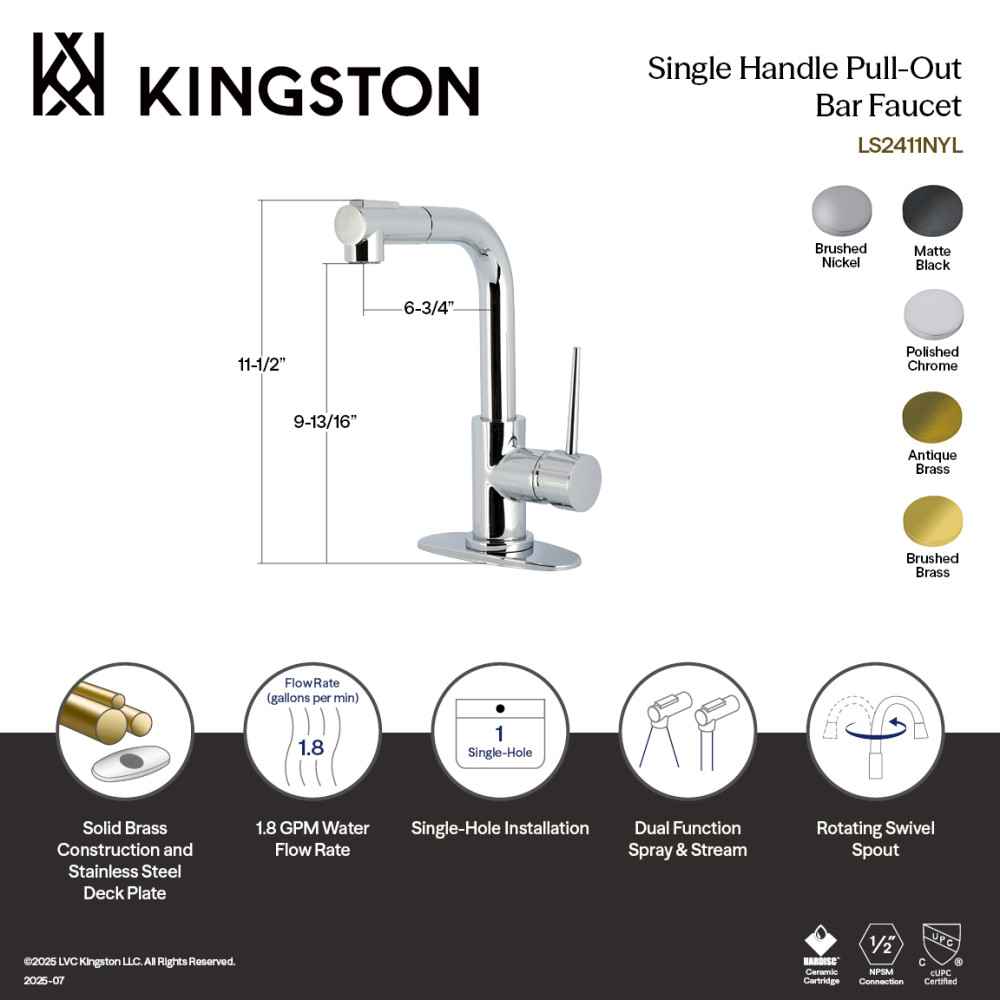 Picture of Kingston Brass LS2413NYL York Single-Handle Pull-Out Bar Faucet - Brushed Brass