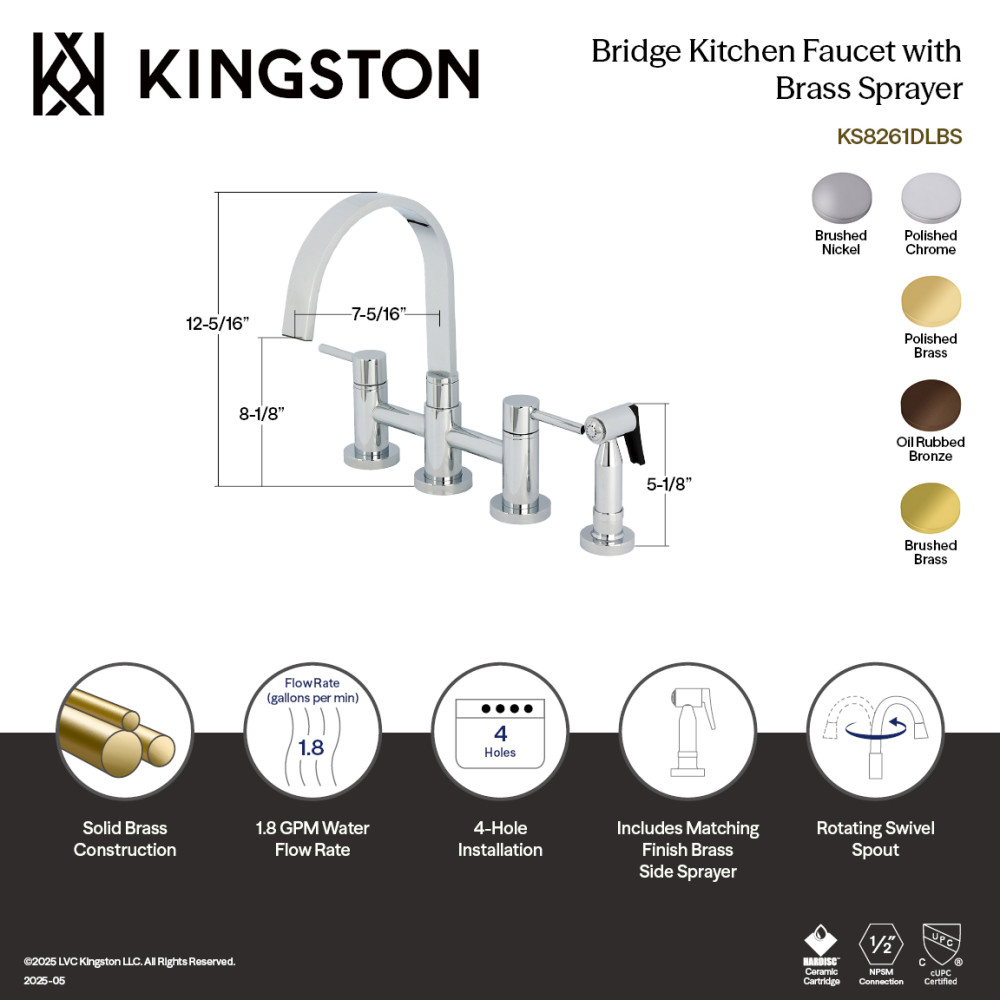 Picture of Kingston Brass KS8268DLBS Concord Bridge Kitchen Faucet with Brass Side Sprayer - Brushed Nickel