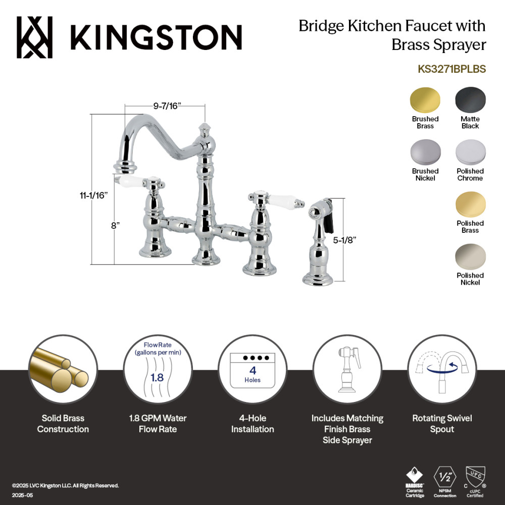 Picture of Kingston Brass KS3278BPLBS Bel-Air Bridge Kitchen Faucet with Brass Side Sprayer - Brushed Nickel