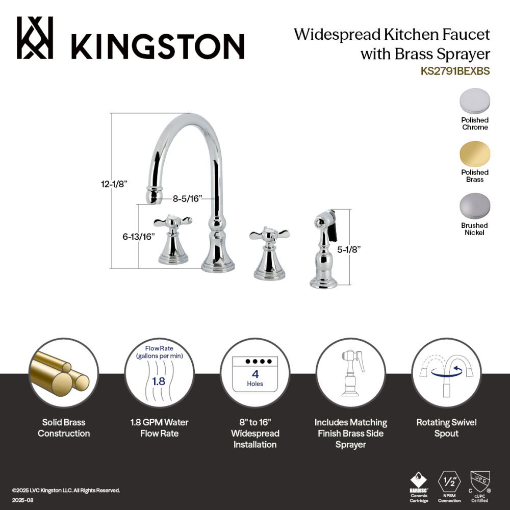Picture of Kingston Brass KS2791BEXBS Essex Double-Handle Widespread Kitchen Faucet with Brass Sprayer - Polished Chrome