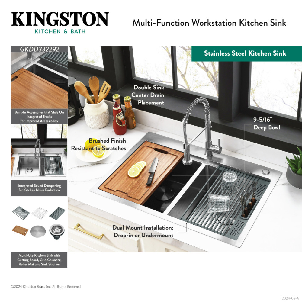 Picture of Kingston Brass GKDD332292 Uptowne 33 in. Stainless Steel Double Bowl Dual Mount Kitchen Sink with Kitchen Accessory Set - Brushed - 6 Piece