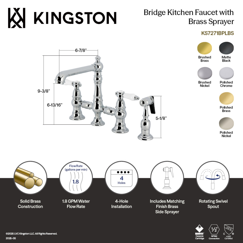 Picture of Kingston Brass KS7276BPLBS Bel-Air Bridge Kitchen Faucet with Brass Side Sprayer - Polished Nickel