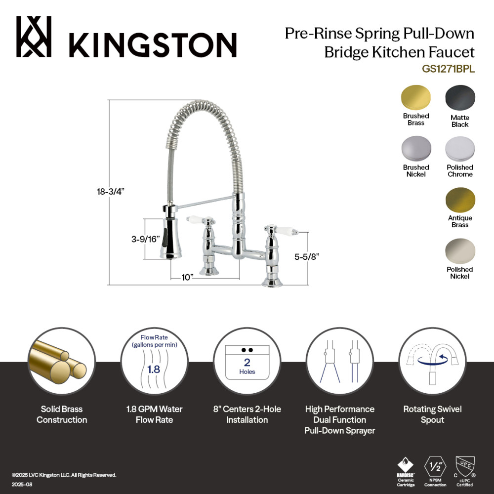 Picture of Kingston Brass GS1276BPL Bel-Air Double-Handle Deck-Mount Pre-Rinse Bridge Kitchen Faucet - Polished Nickel