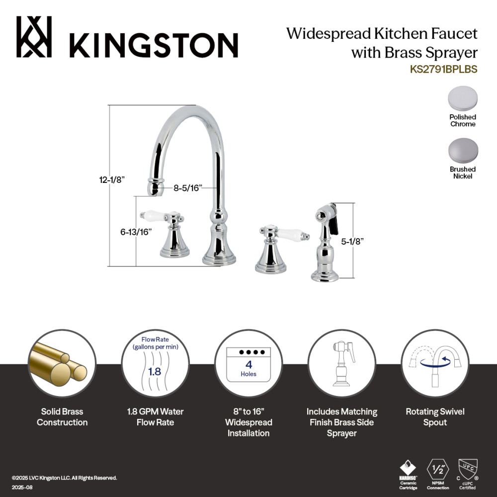 Picture of Kingston Brass KS2791BPLBS Bel-Air Double-Handle Widespread Kitchen Faucet with Brass Sprayer - Polished Chrome