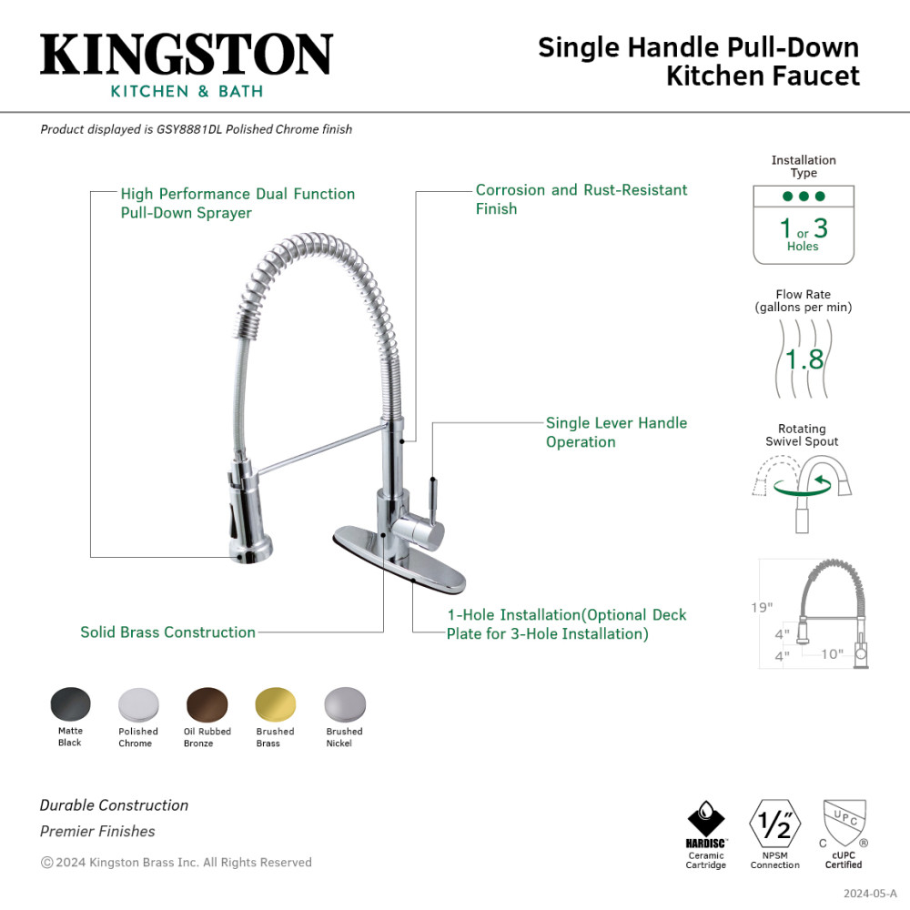 Picture of Kingston Brass GSY8880DL Gourmetier Concord Single-Handle Deck-Mount Pre-Rinse Kitchen Faucet - Matte Black