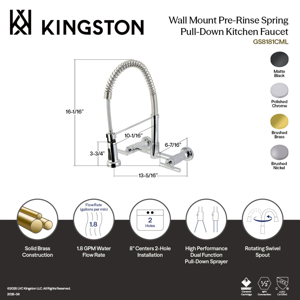 Picture of Kingston Brass GS8187CML Manhattan Double-Handle Wall-Mount Pre-Rinse Bridge Kitchen Faucet - Brushed Brass
