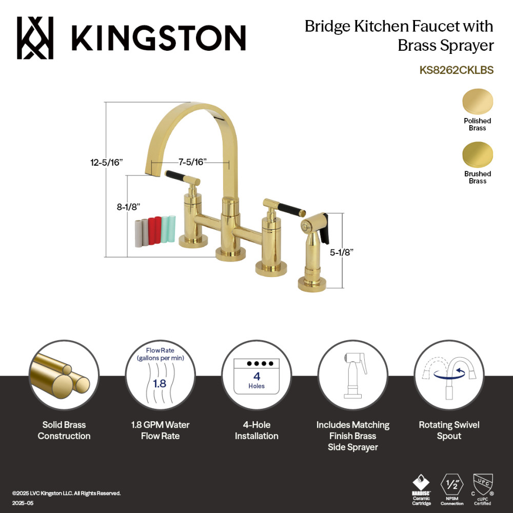 Picture of Kingston Brass KS8262CKLBS 8 x 7.31 x 12.31 in. Kaiser Bridge Kitchen Faucet with Brass Side Sprayer, Polished Brass