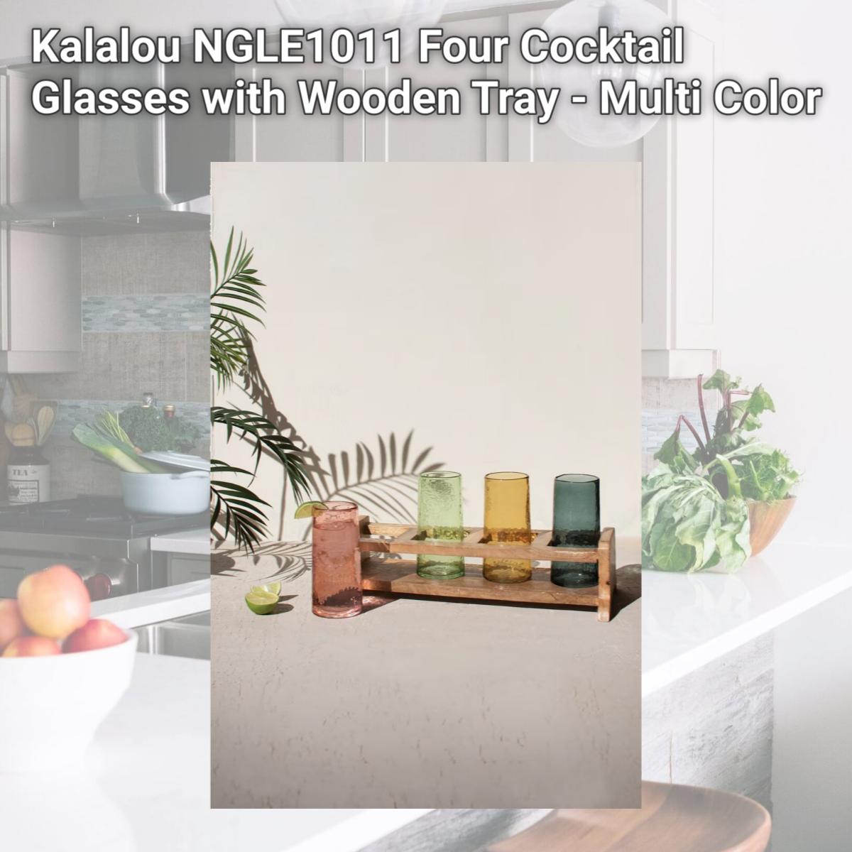 Picture of Kalalou NGLE1011 Four Cocktail Glasses with Wooden Tray - Multi Color