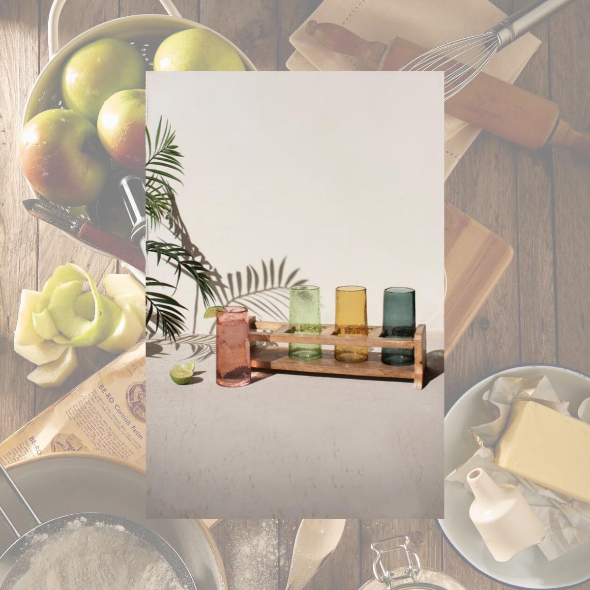 Picture of Kalalou NGLE1011 Four Cocktail Glasses with Wooden Tray - Multi Color