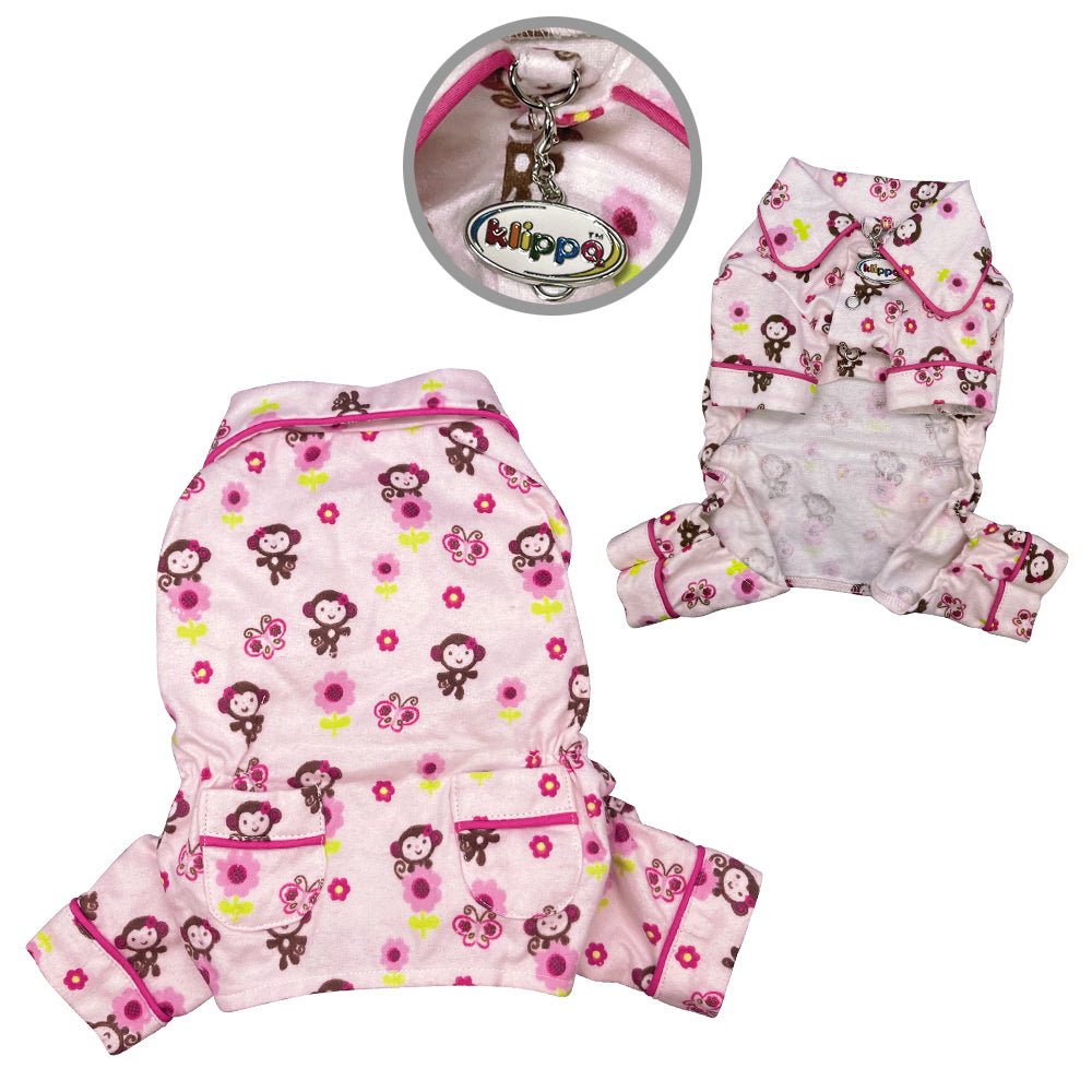 Picture of Klippo KBD098XS Girly Monkey Flannel Pajamas with 2 Pockets, Pink - Extra Small
