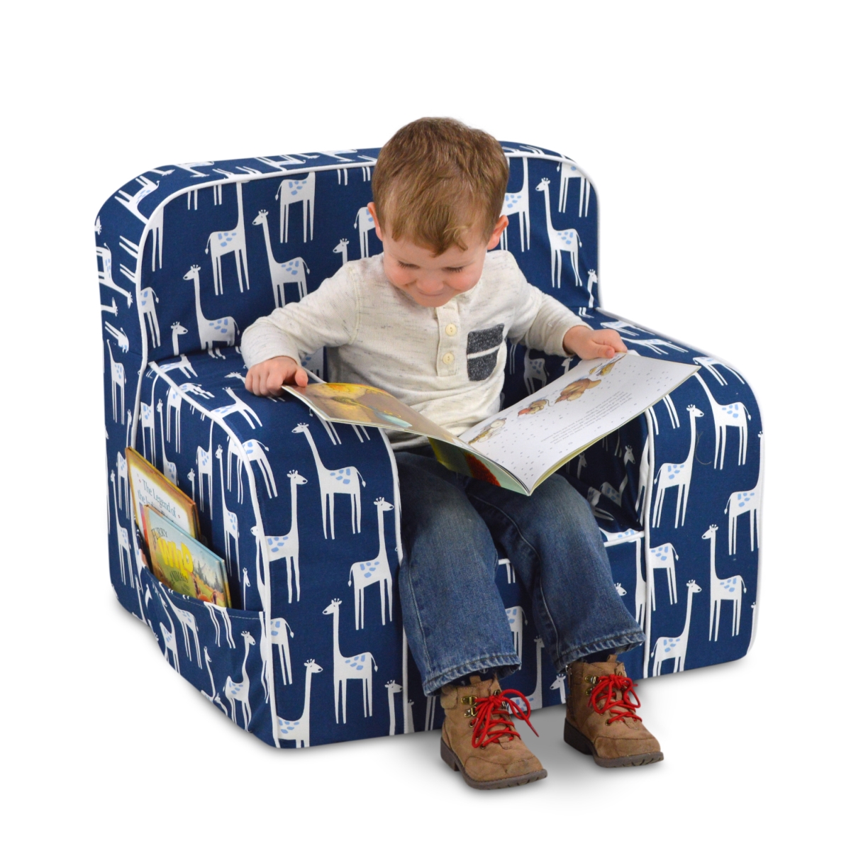 Kangaroo Trading 4090psw Mason Kids Grab-n-go Foam Chair With Handle & Storage Pockets & Patches Sky - Navy, White & Blue