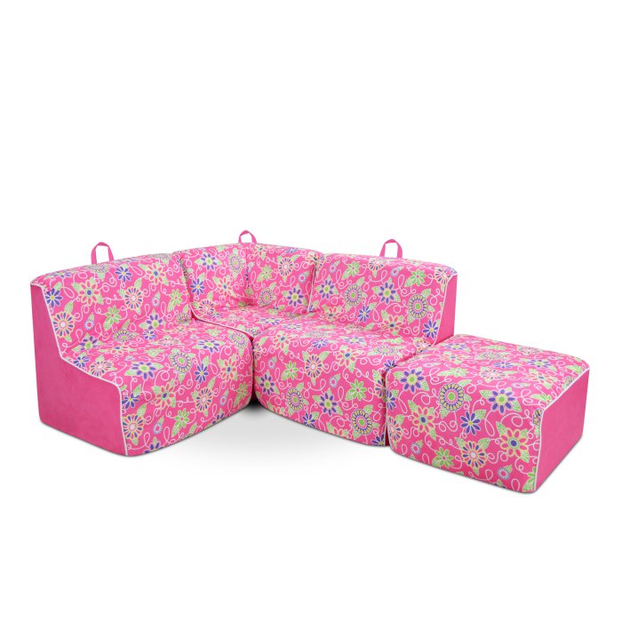 Kangaroo Trading 4250ddppw Kids 4 Piece Foam Sectional Set - Daisy Doodle & Passion Pink With White Welt, Multi Color & Pink