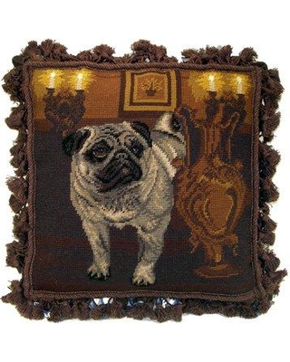 61520.c16sq 16 X 20 In. Pug Design Handmade Needlepoint Pillow With Fringe - Brown, Black & Yellow