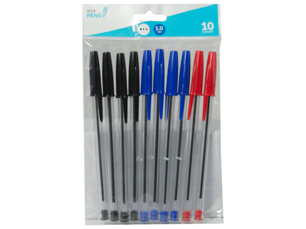 Ballpoint Stick Pens - Black, Blue & Red - 10 Per Pack - Pack Of 25