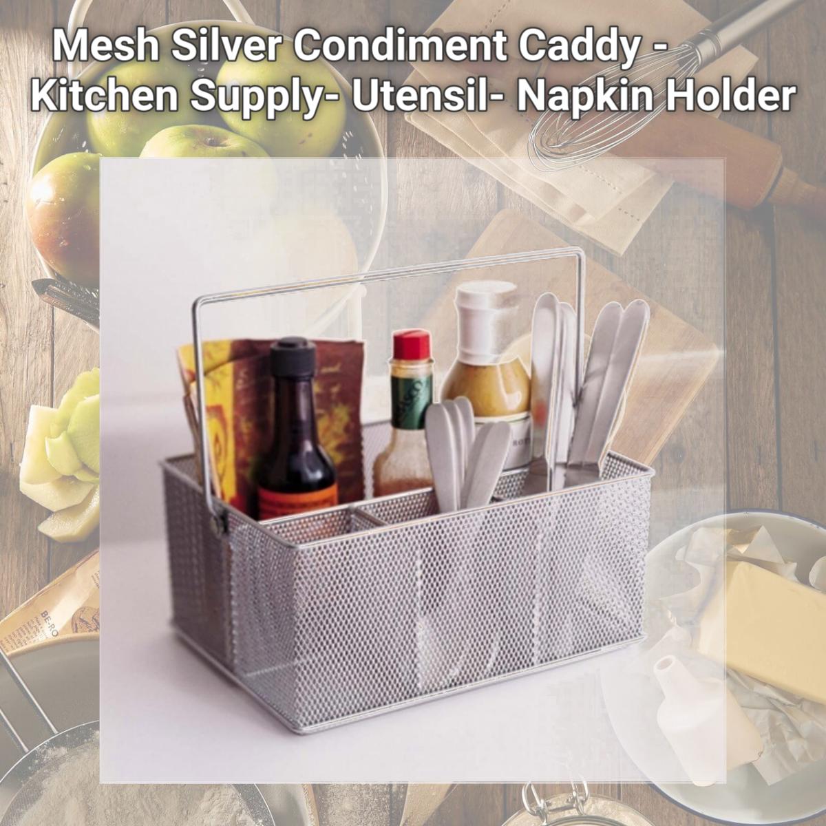 Picture of YBMHome 1151m Mesh Silver Condiment Caddy - Kitchen Supply- Utensil- Napkin Holder