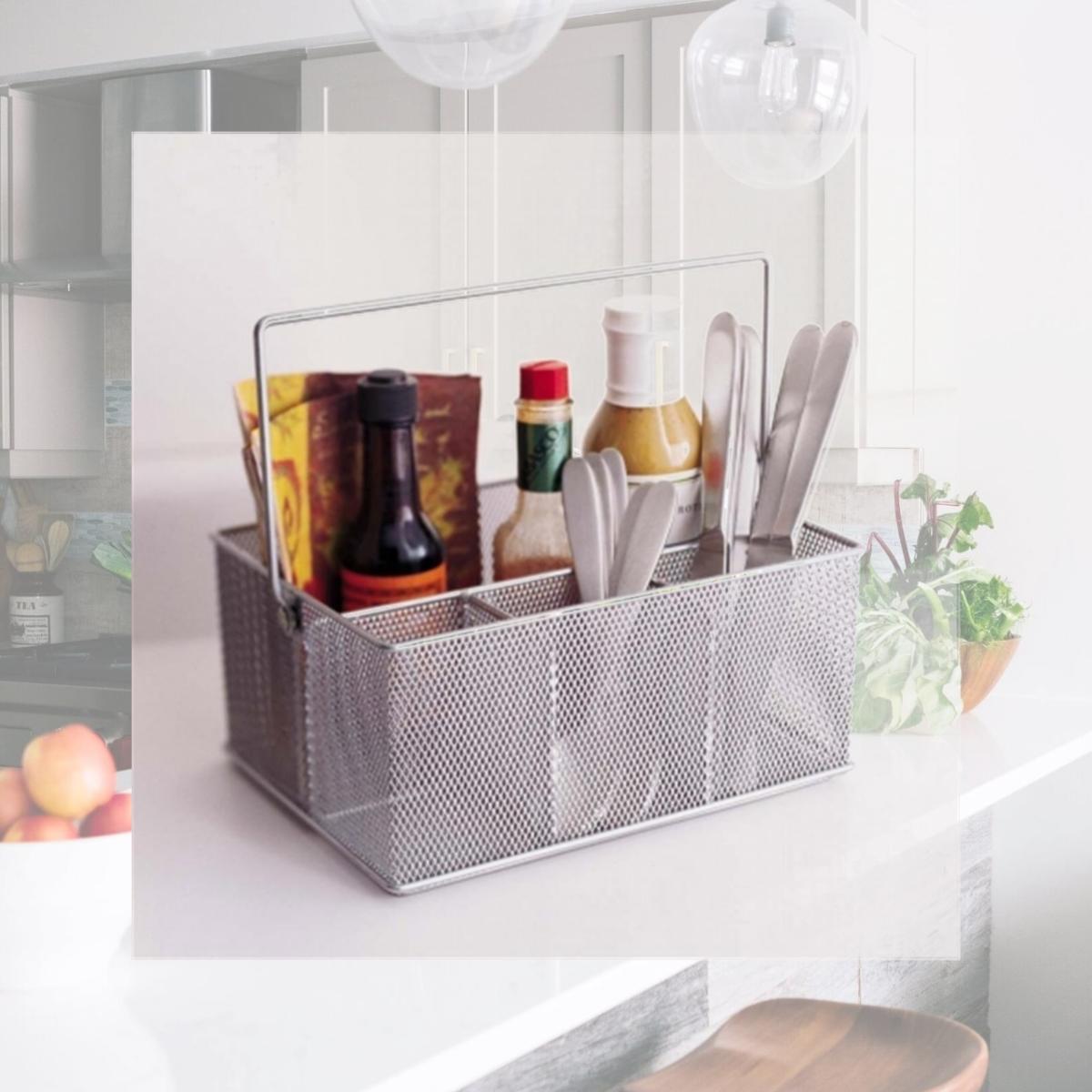 Picture of YBMHome 1151m Mesh Silver Condiment Caddy - Kitchen Supply- Utensil- Napkin Holder