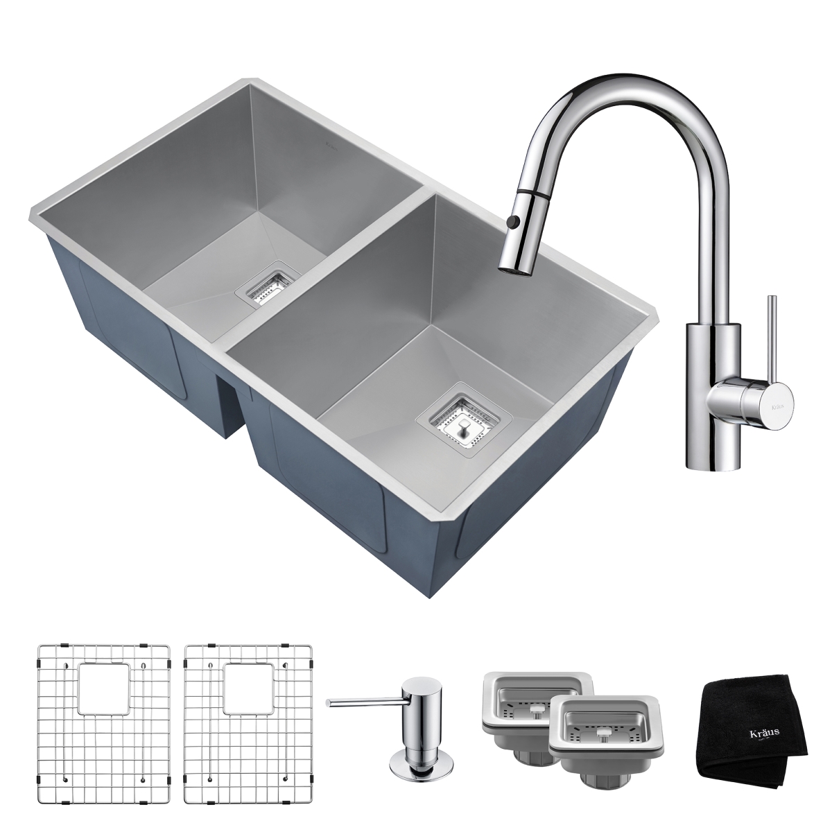 Kraus Khu322-2620-41ch 31.5 In. Combo With Handmade Undermount Double Bowl Kitchen Sink & Oletto, Chrome