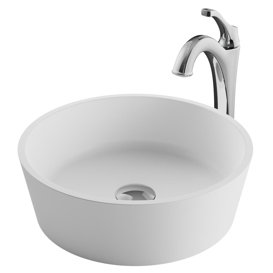 Kraus C-ksv-1mw-1200ch 15 In. Natural White Matte Solid Surface Round Bathroom Vessel Sink & Arlo Faucet Combo Set With Pop-up Drain, Chrome