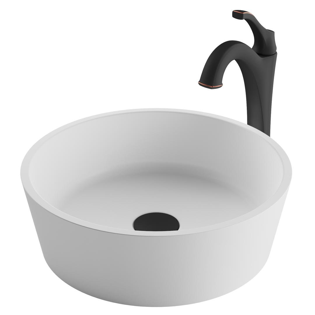 Kraus 15 In. Natural White Matte Solid Surface Round Bathroom Vessel Sink & Arlo Faucet Combo Set With Pop-up Drain, Oil Rubbed Bronze