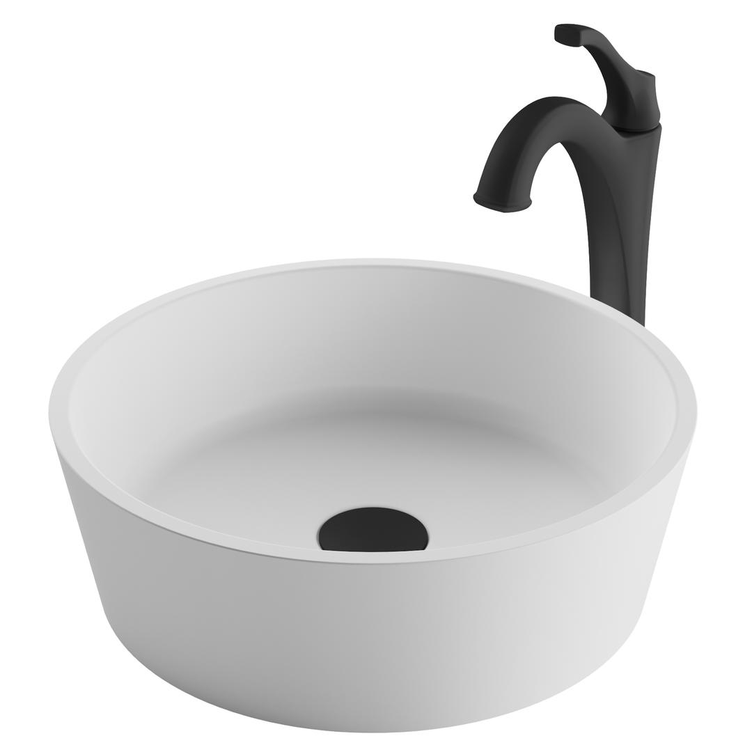 Kraus C-ksv-1mw-1200mb 15 In. Natural White Matte Solid Surface Round Bathroom Vessel Sink & Matte Black Arlo Faucet Combo Set With Pop-up Drain