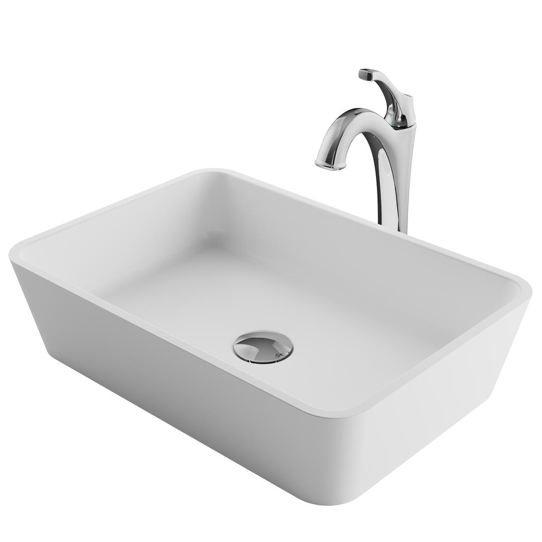 Kraus 19.7 In. Natural White Matte Solid Surface Rectangular Bathroom Vessel Sink & Arlo Faucet Combo Set With Pop-up Drain, Chrome