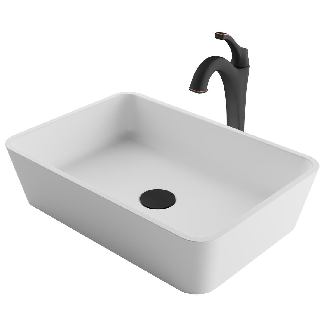 Kraus 19.7 In. Natural White Matte Solid Surface Rectangular Bathroom Vessel Sink & Arlo Faucet Combo Set With Pop-up Drain, Oil Rubbed Bronze