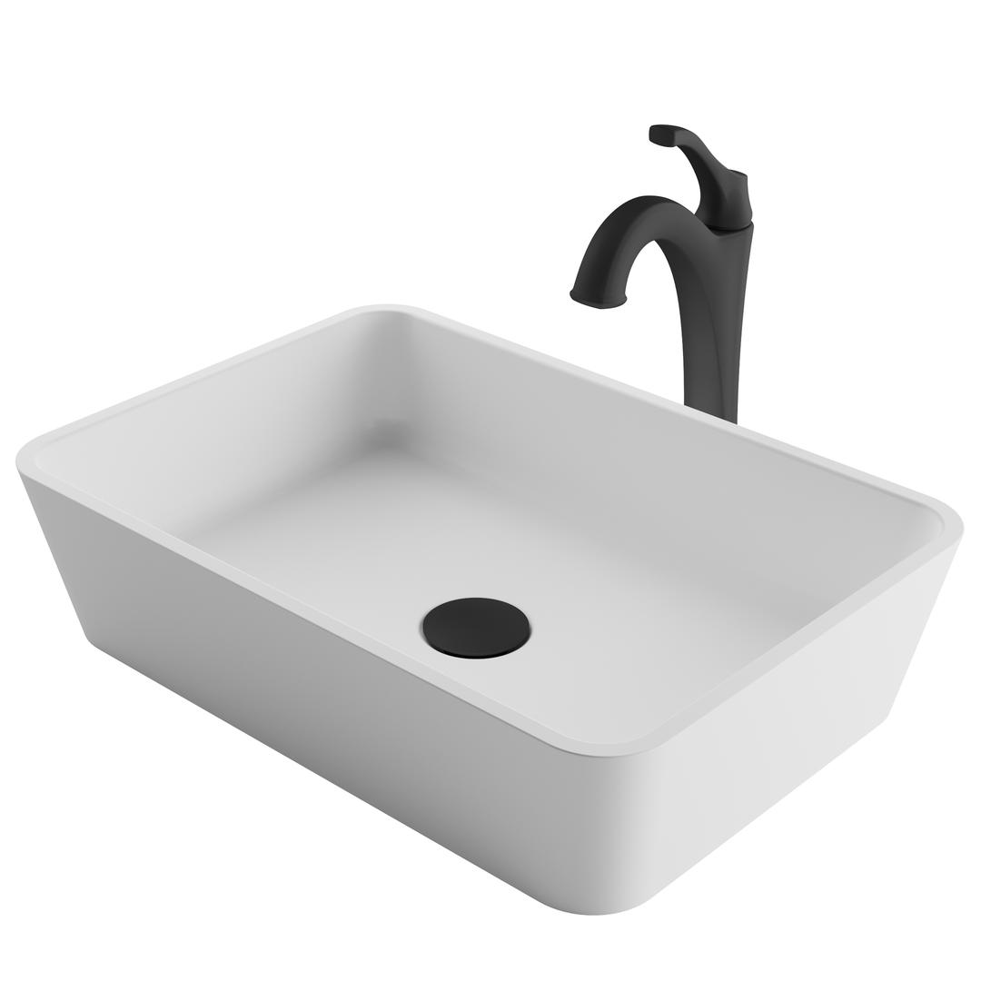Kraus 19.7 In. Natural White Matte Solid Surface Rectangular Bathroom Vessel Sink & Matte Black Arlo Faucet Combo Set With Pop-up Drain