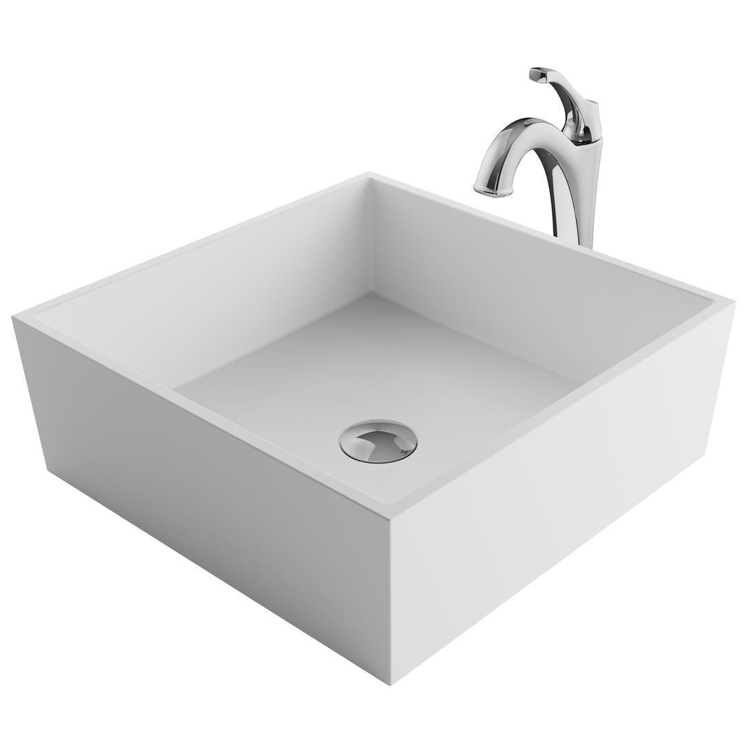 Kraus C-ksv-5mw-1200ch 16.8 In. Natural White Matte Solid Surface Square Bathroom Vessel Sink & Arlo Faucet Combo Set With Pop-up Drain, Chrome
