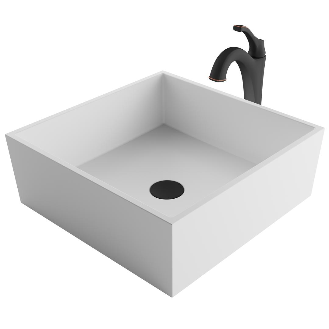 Kraus 16.8 In. Natural White Matte Solid Surface Square Bathroom Vessel Sink & Arlo Faucet Combo Set With Pop-up Drain, Oil Rubbed Bronze