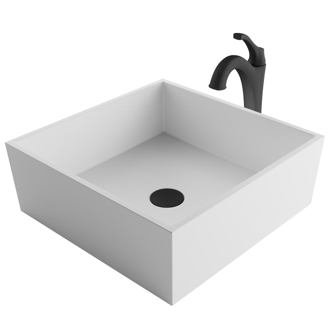 Kraus C-ksv-5mw-1200mb 16.8 In. Natural White Matte Solid Surface Square Bathroom Vessel Sink & Matte Black Arlo Faucet Combo Set With Pop-up Drain