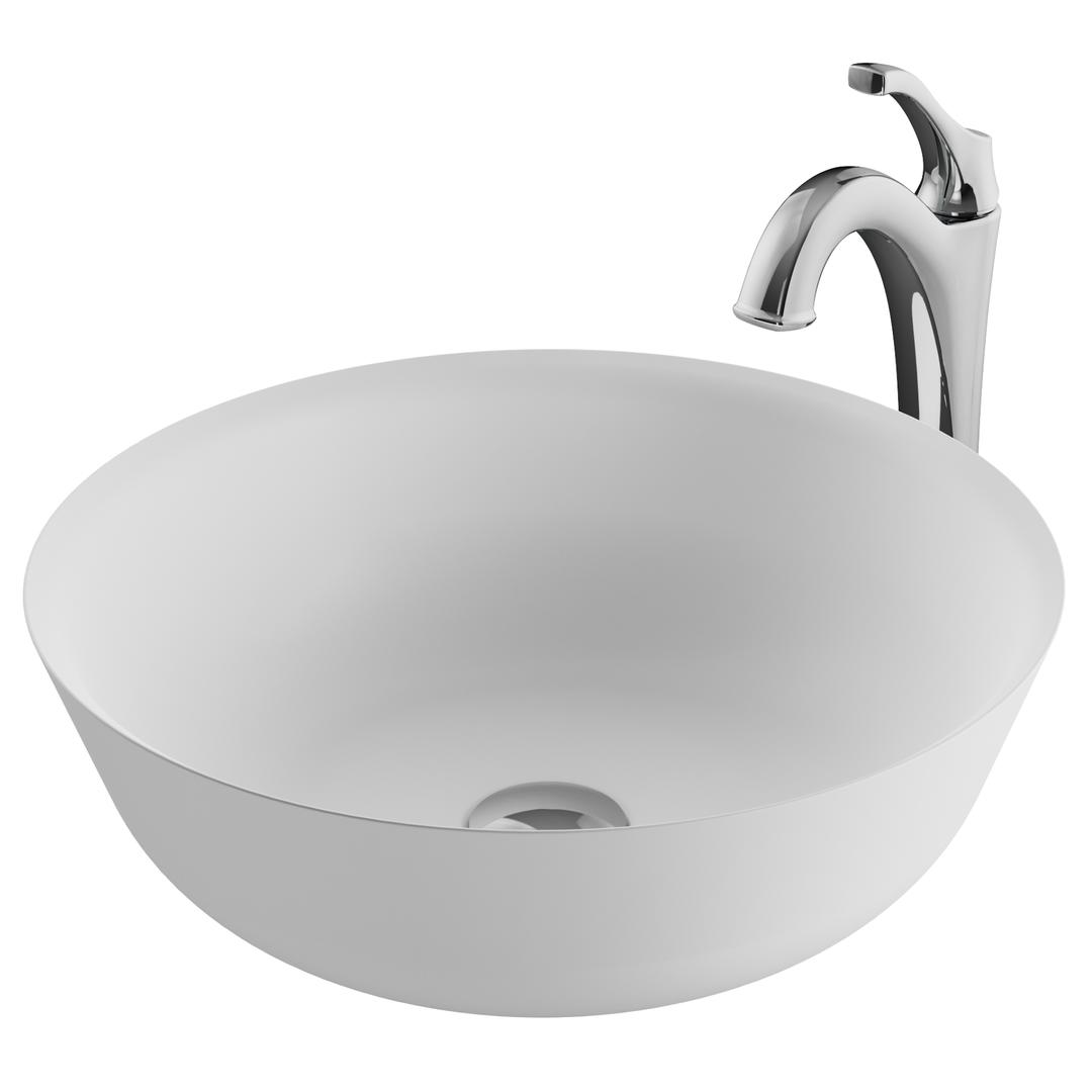 Kraus C-ksv-6mw-1200ch 16.4 In. Natural White Matte Solid Surface Round Bathroom Vessel Sink & Arlo Faucet Combo Set With Pop-up Drain, Chrome