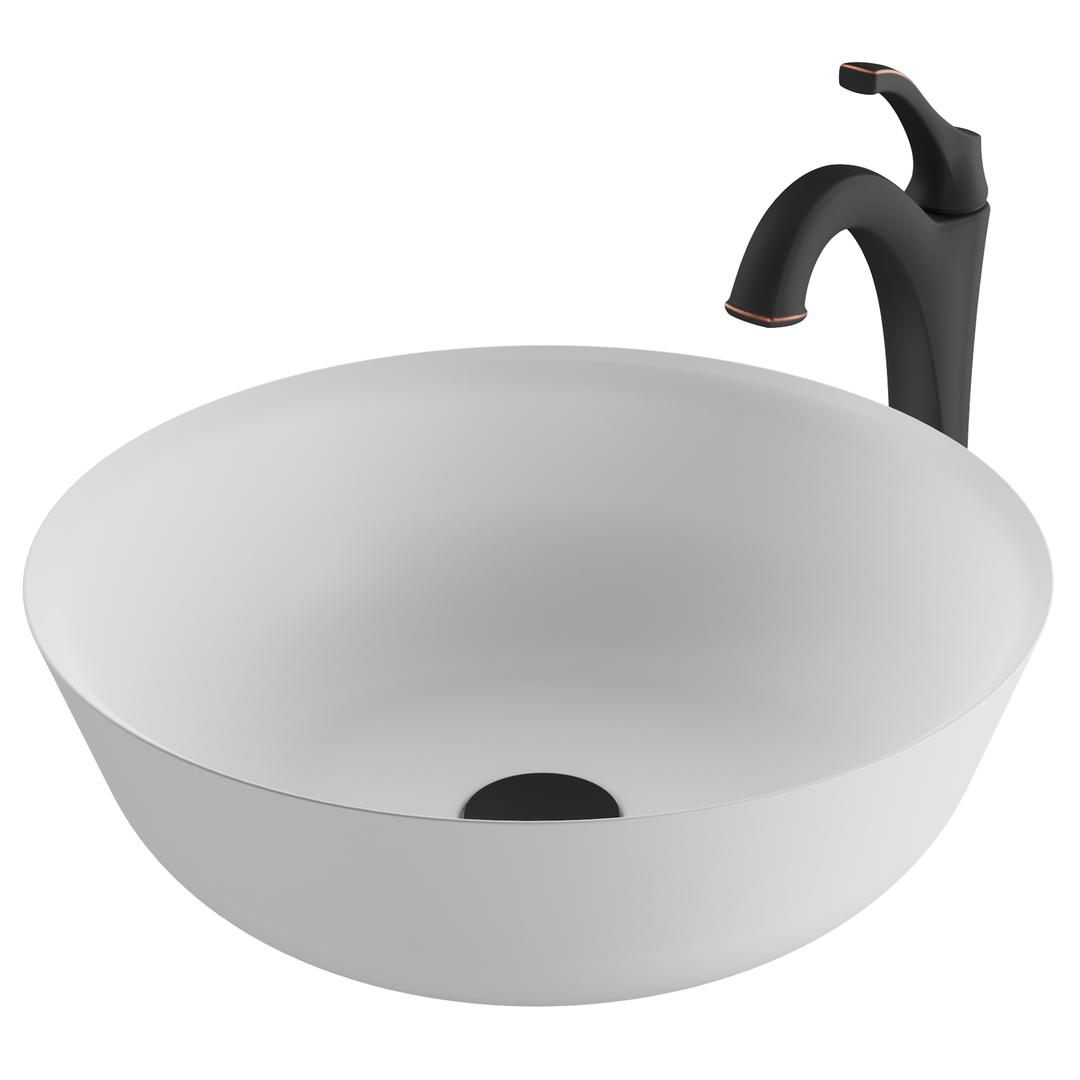 Kraus 16.4 In. Natural White Matte Solid Surface Round Bathroom Vessel Sink & Arlo Faucet Combo Set With Pop-up Drain, Oil Rubbed Bronze