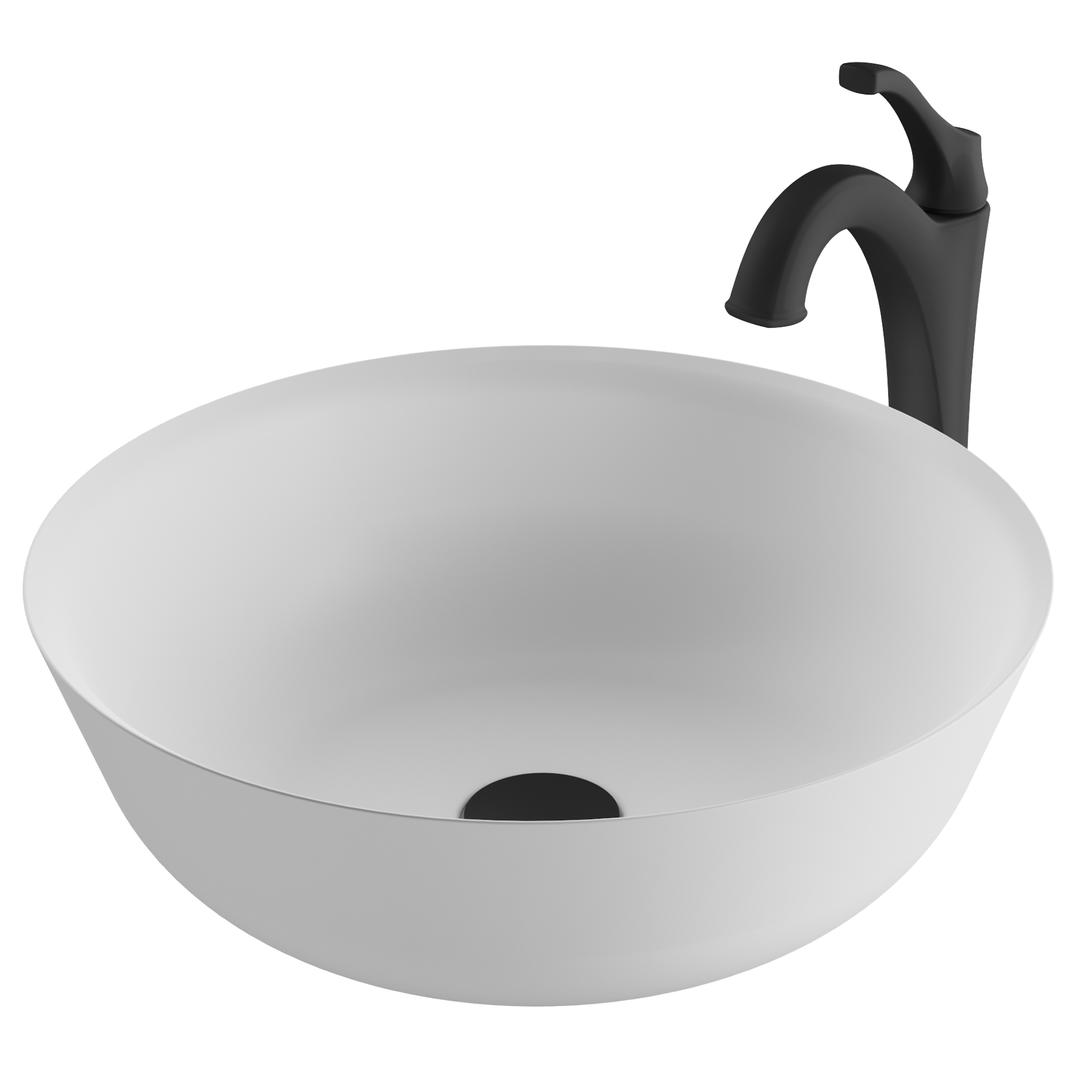 Kraus C-ksv-6mw-1200mb 16.4 In. Natural White Matte Solid Surface Round Bathroom Vessel Sink & Matte Black Arlo Faucet Combo Set With Pop-up Drain