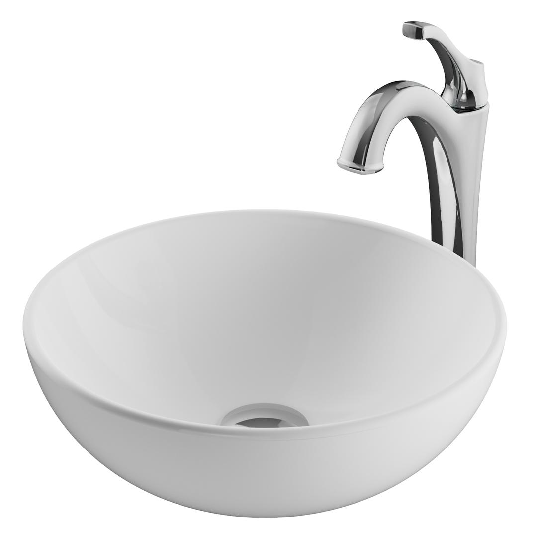 Kraus C-kcv-341-1200ch 14 In. Elavo Round White Porcelain Ceramic Bathroom Vessel Sink & Arlo Faucet Combo Set With Pop-up Drain, Chrome