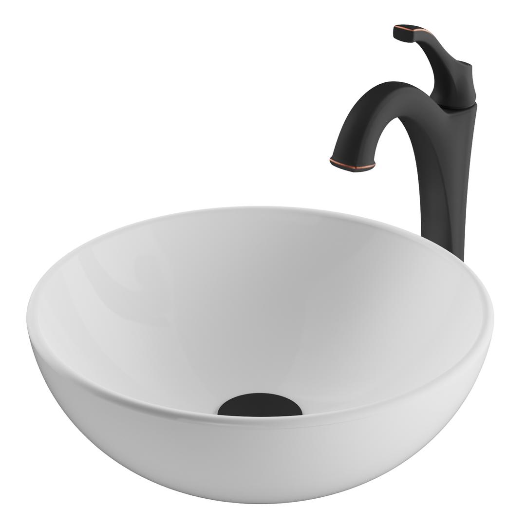 Kraus 14 In. Elavo Round White Porcelain Ceramic Bathroom Vessel Sink & Arlo Faucet Combo Set With Pop-up Drain, Oil Rubbed Bronze