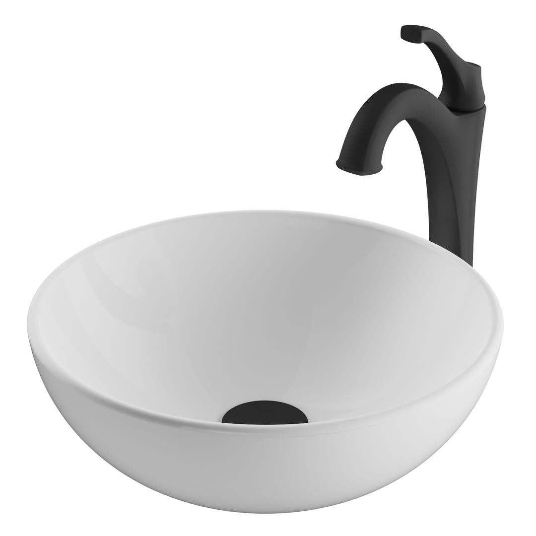 Kraus C-kcv-341-1200mb 14 In. Elavo Round White Porcelain Ceramic Bathroom Vessel Sink & Matte Black Arlo Faucet Combo Set With Pop-up Drain