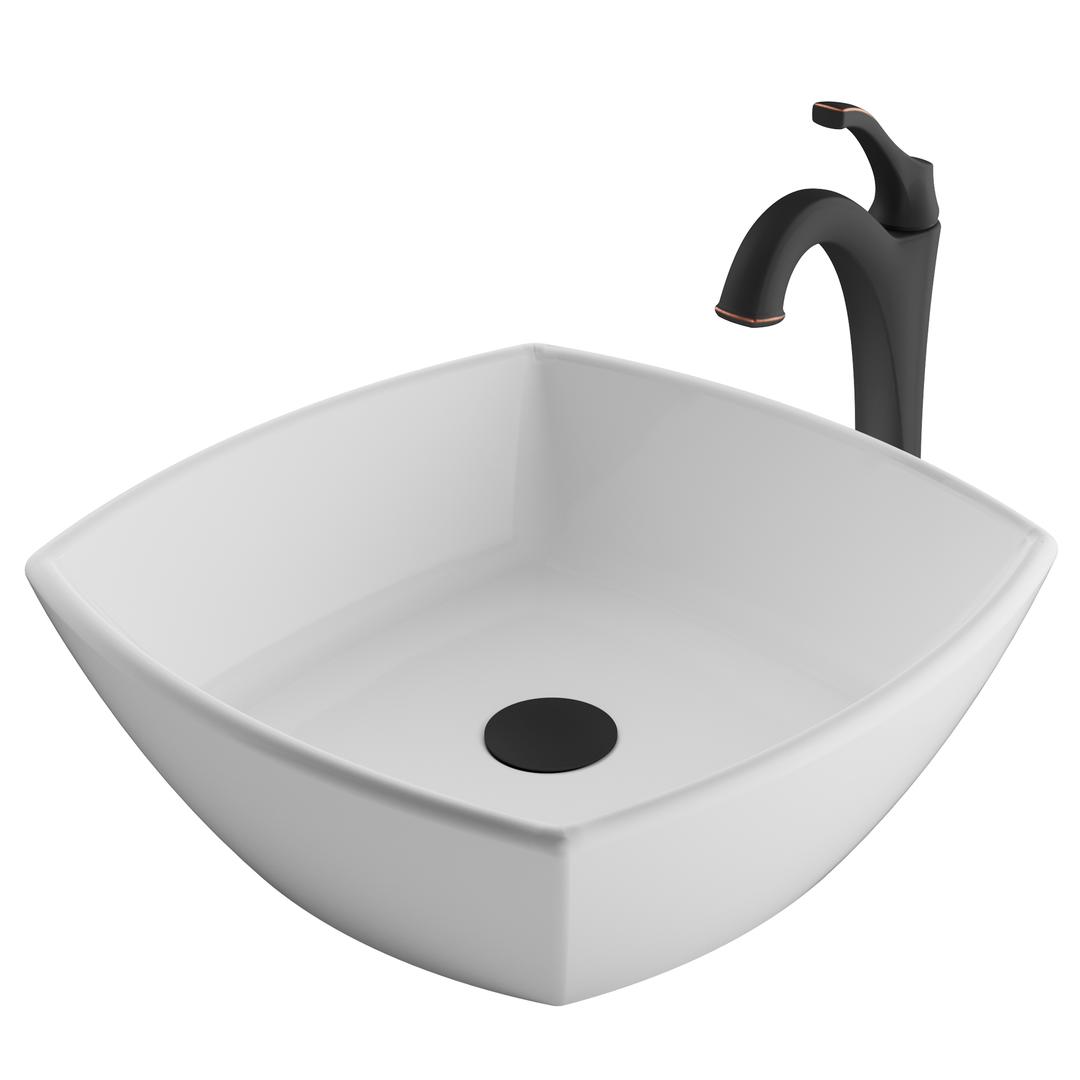Kraus 16.5 In. Elavo Square White Porcelain Ceramic Bathroom Vessel Sink & Arlo Faucet Combo Set With Pop-up Drain, Oil Rubbed Bronze