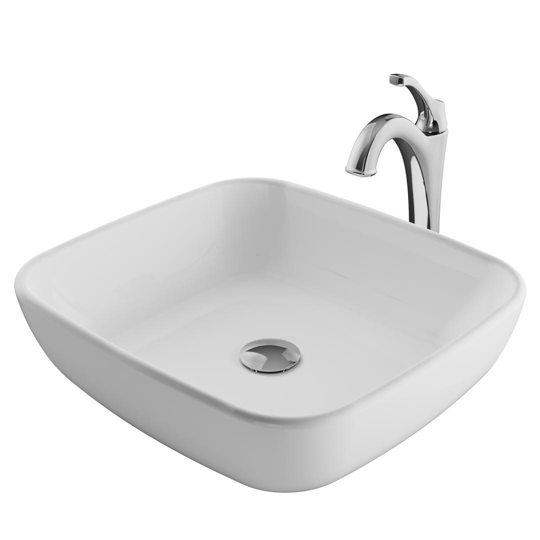 Kraus C-kcv-127-1200ch 18 In. Elavo Square White Porcelain Ceramic Bathroom Vessel Sink & Arlo Faucet Combo Set With Pop-up Drain, Chrome
