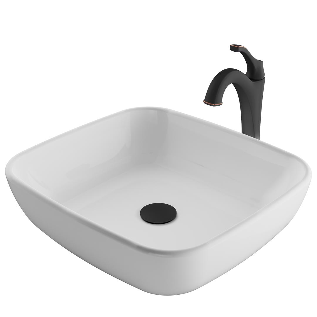Kraus 18 In. Elavo Rectangular White Porcelain Ceramic Bathroom Vessel Sink & Arlo Faucet Combo Set With Pop-up Drain, Oil Rubbed Bronze